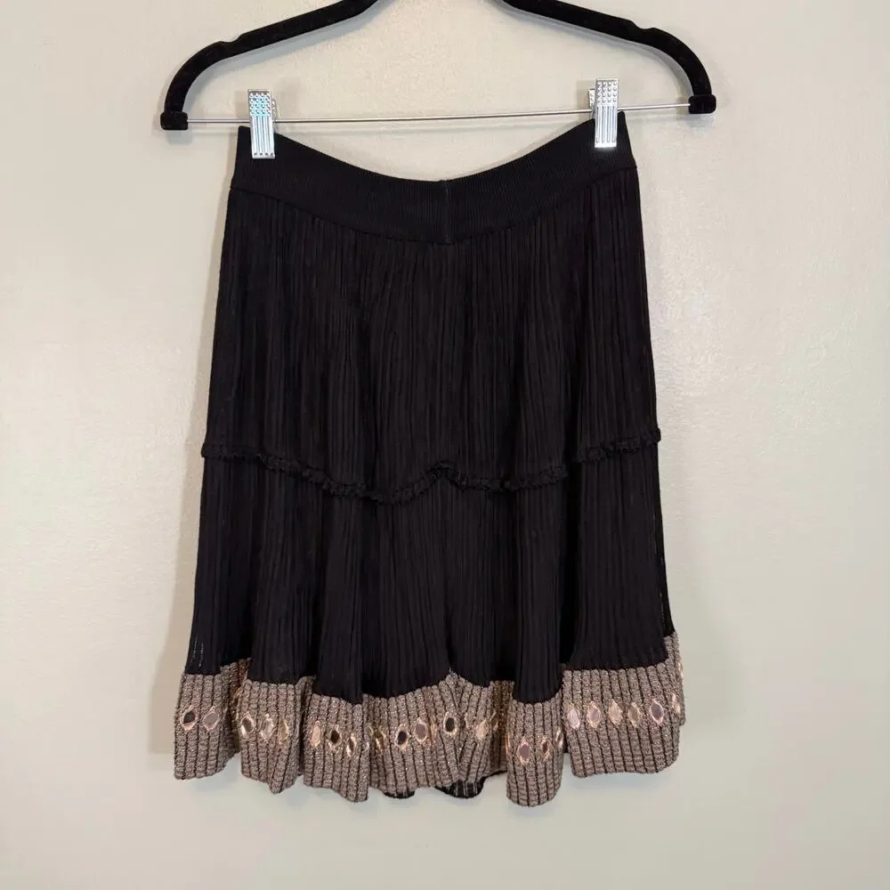 Alaia Paris Skirt Womens XS Black Gold A Line Ribbed Knit Ruffle Designer Italy - Picture 2 of 7